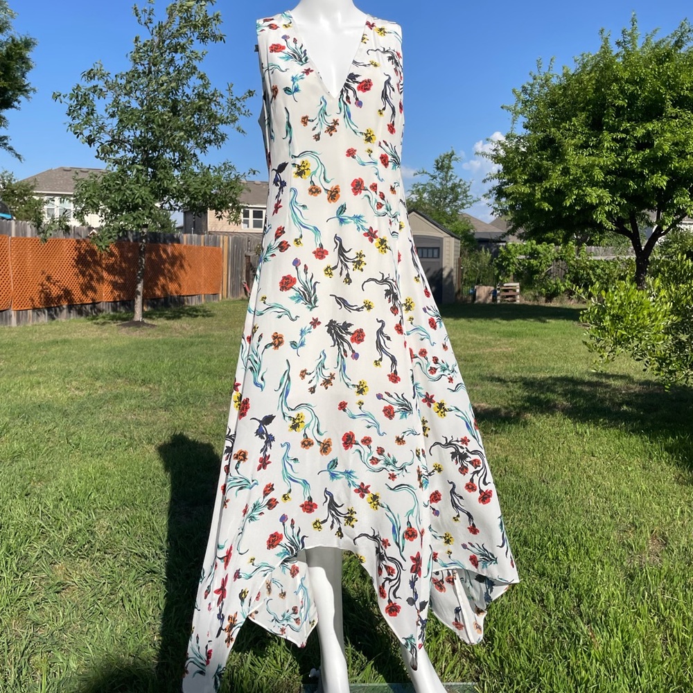Life With Bird Dress Size 4 White Sleeveless Floral Print 100% Silk Lined